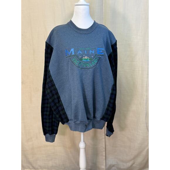 Vintage upcycled main oversized 1XL/ 2XL sweatshirt with flannel sleeves - Picture 1 of 10